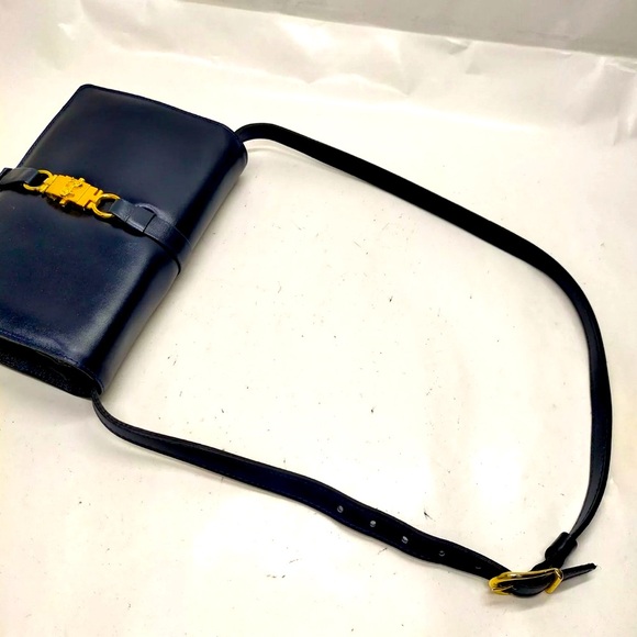 Auth Vtg Celine Small Navy Blue Polished Leather Trio Shoulder Bag 1970s Caleche - Picture 7 of 9